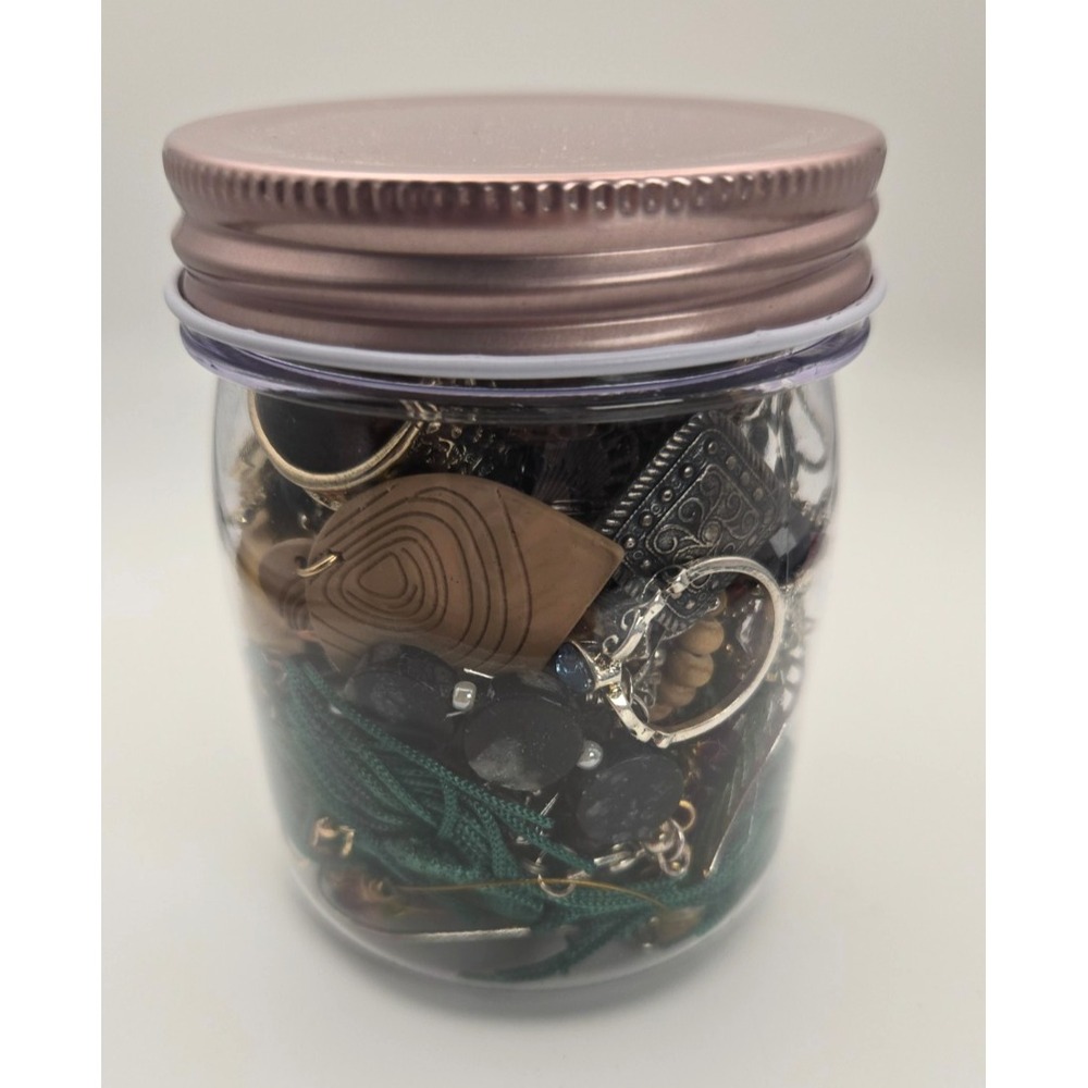Boho Mystery Vintage Modern Mixed Jewelry Jar 9.5 oz with Brooches and Rings!